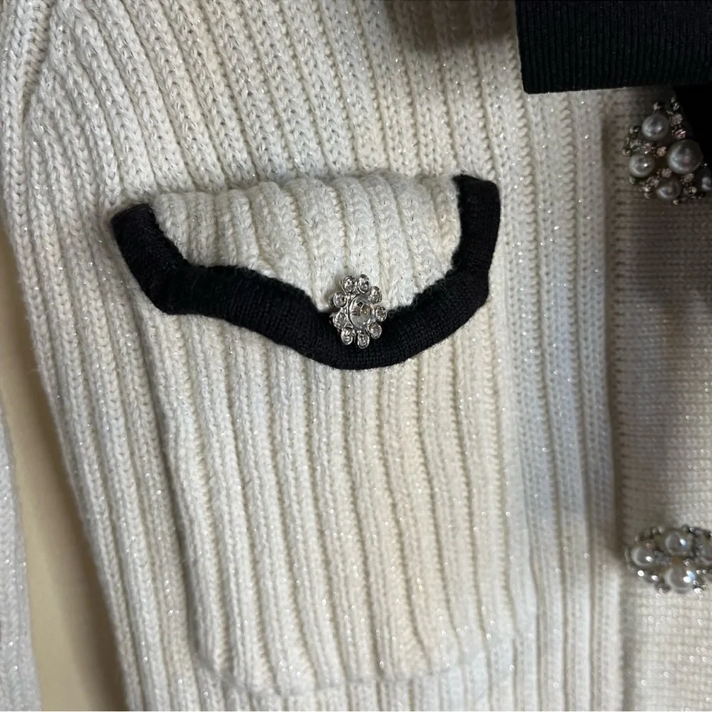 Self Portrait Lurex White Knit Dress with Black Accents crystal buttons - Picture 7 of 10